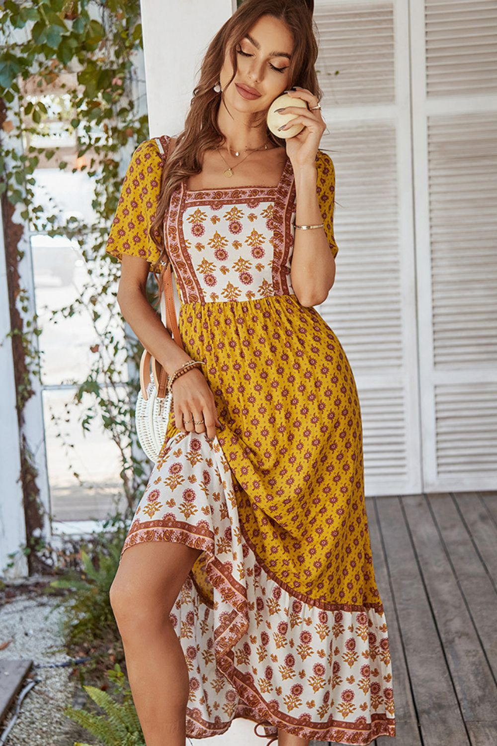 Bohemian Square Neck Flutter Sleeve Maxi Dress [Spirit and Rebel]   