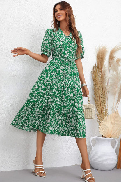 Boho Chic Floral Tie Waist Puff Sleeve Midi Dress [Spirit and Rebel]   