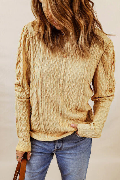 Cable-Knit Round Neck Long Sleeve Blouse [Spirit and Rebel] Yellow Green S 