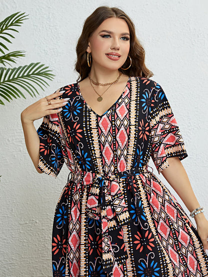 Plus Size Bohemian V-Neck Tie Belt Boho Midi Dress [Spirit and Rebel]   