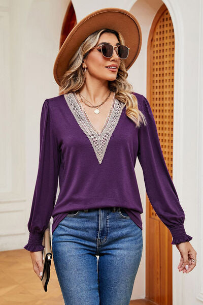 Lace Detail V-Neck Lantern Sleeve Bohemian T-Shirt [Spirit and Rebel]   