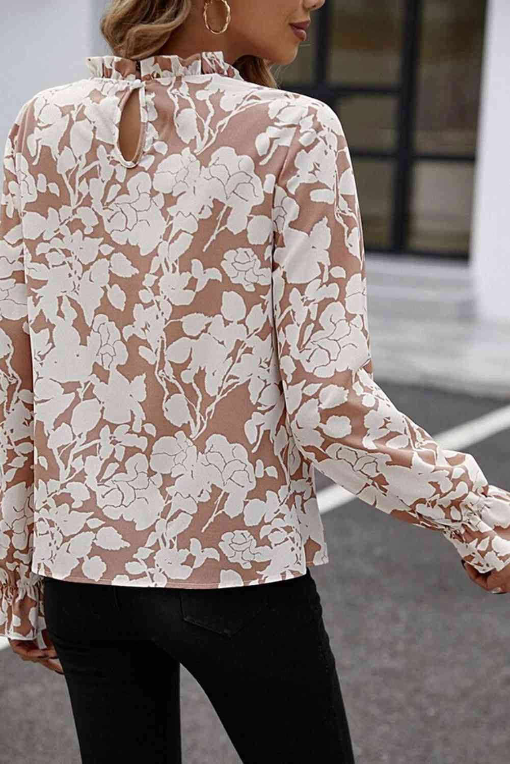 Floral Print Mock Neck Flounce Sleeve Blouse [Spirit and Rebel]   