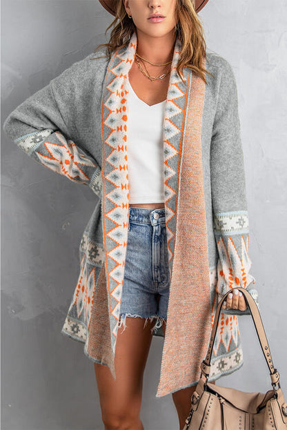 Boho Chic  Geometric Open Front Long Sleeve Cardigan [Spirit and Rebel]   