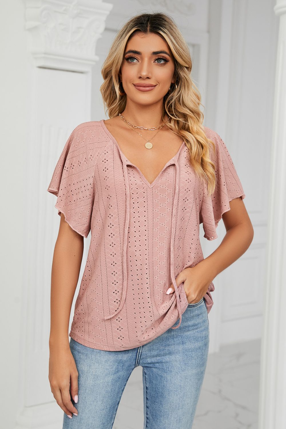 Eyelet Tie-Neck Flutter Sleeve Boho Top [Spirit and Rebel] Pink S 