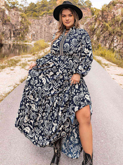 Plus Size Long Sleeve Boho Maxi Dress [Spirit and Rebel] Dark Navy 0XL 