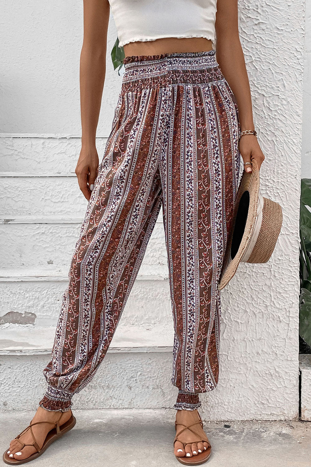 Smocked Printed High Waist Pants [Spirit and Rebel]   