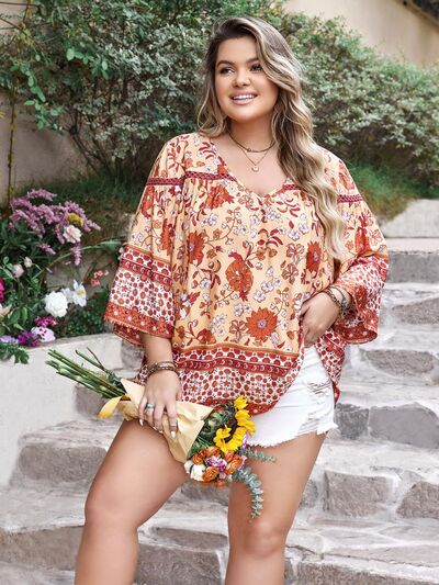 Plus Size Printed V-Neck Three-Quarter Sleeve Blouse [Spirit and Rebel]   