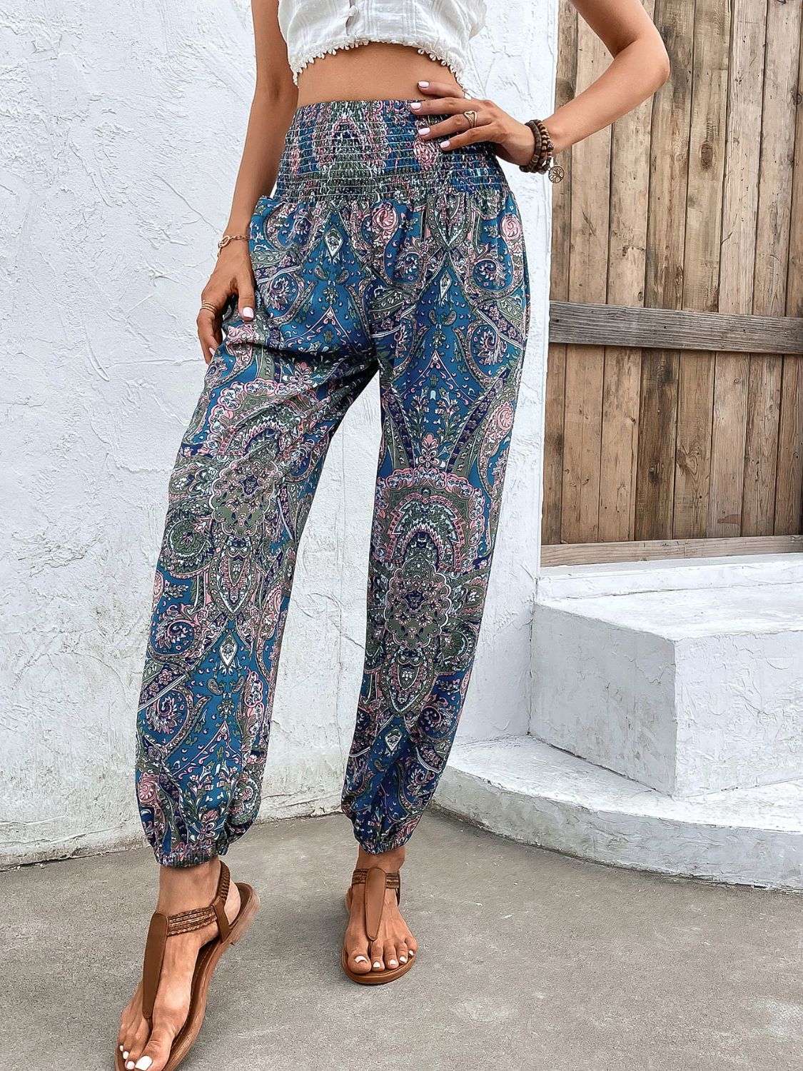 Printed Smocked Waist Pants [Spirit and Rebel]   