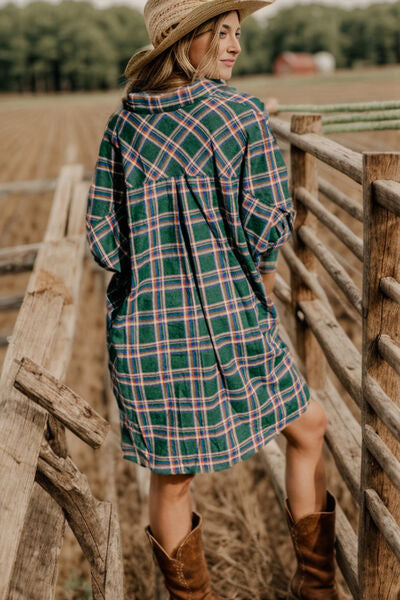 Boho Plaid Button Up Collared Neck Shirt Dress [Spirit and Rebel]   