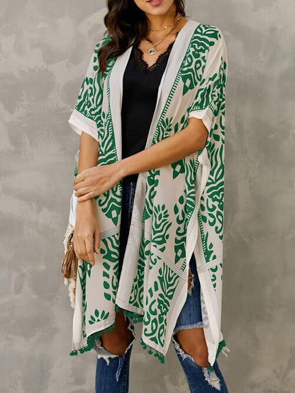 Printed Open Front Slit Cardigan [Spirit and Rebel] Green One Size 