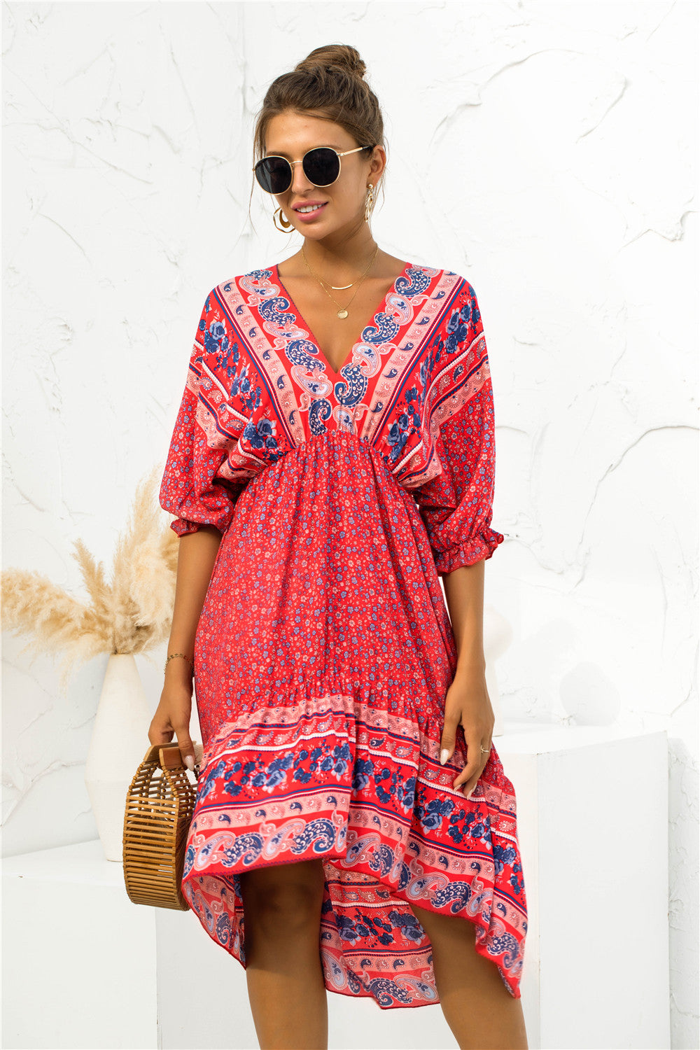 Printed Bohemian V Neck Dress [Spirit and Rebel]   