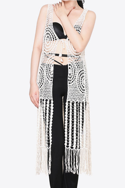 Tie Front Fringe Hem Sleeveless Boho Beach Cover Up [Spirit and Rebel]   