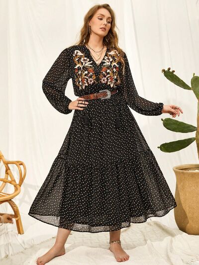 Plus Size Embroidered Tassel Balloon Sleeve Dress [Spirit and Rebel]   