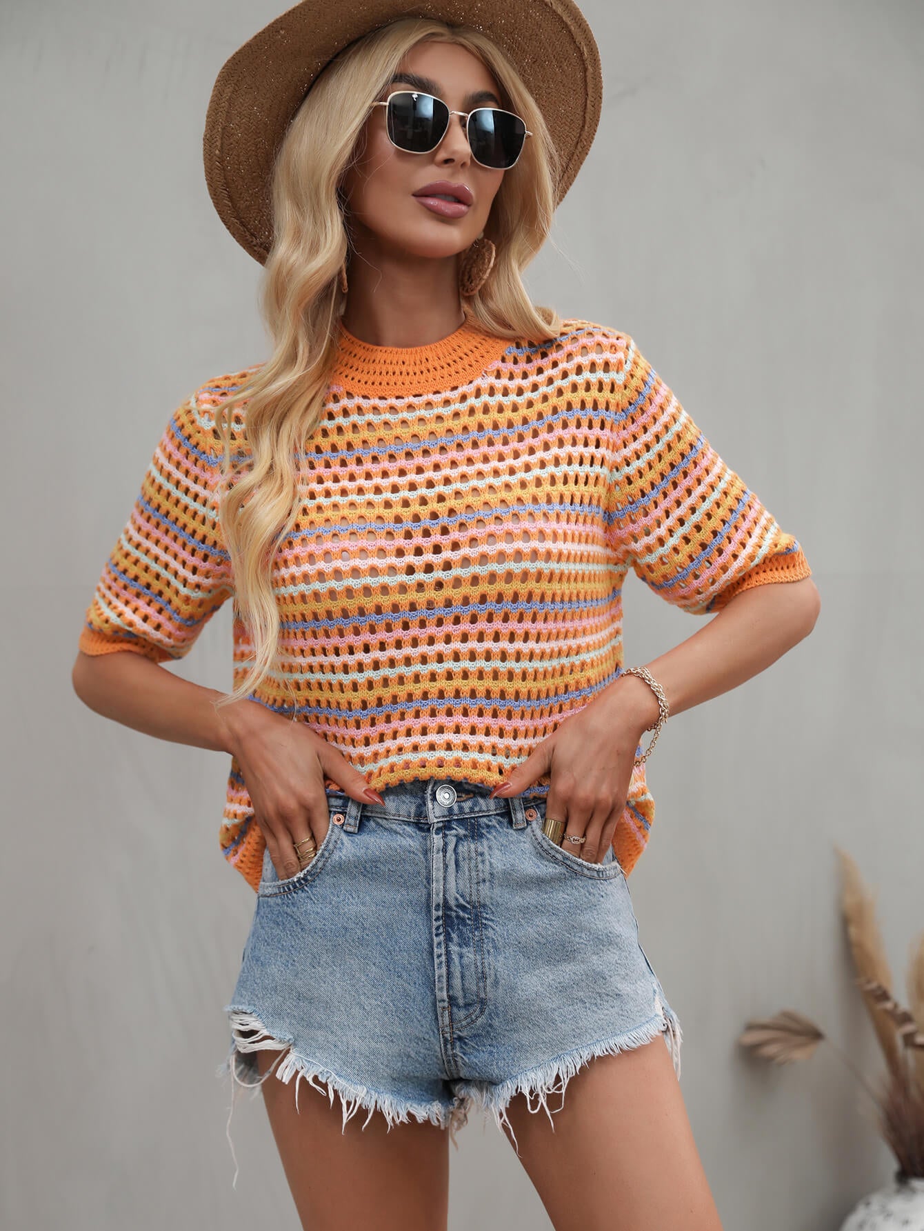 Bohemian Striped Openwork Half Sleeve Knit Top [Spirit and Rebel] Orange S 