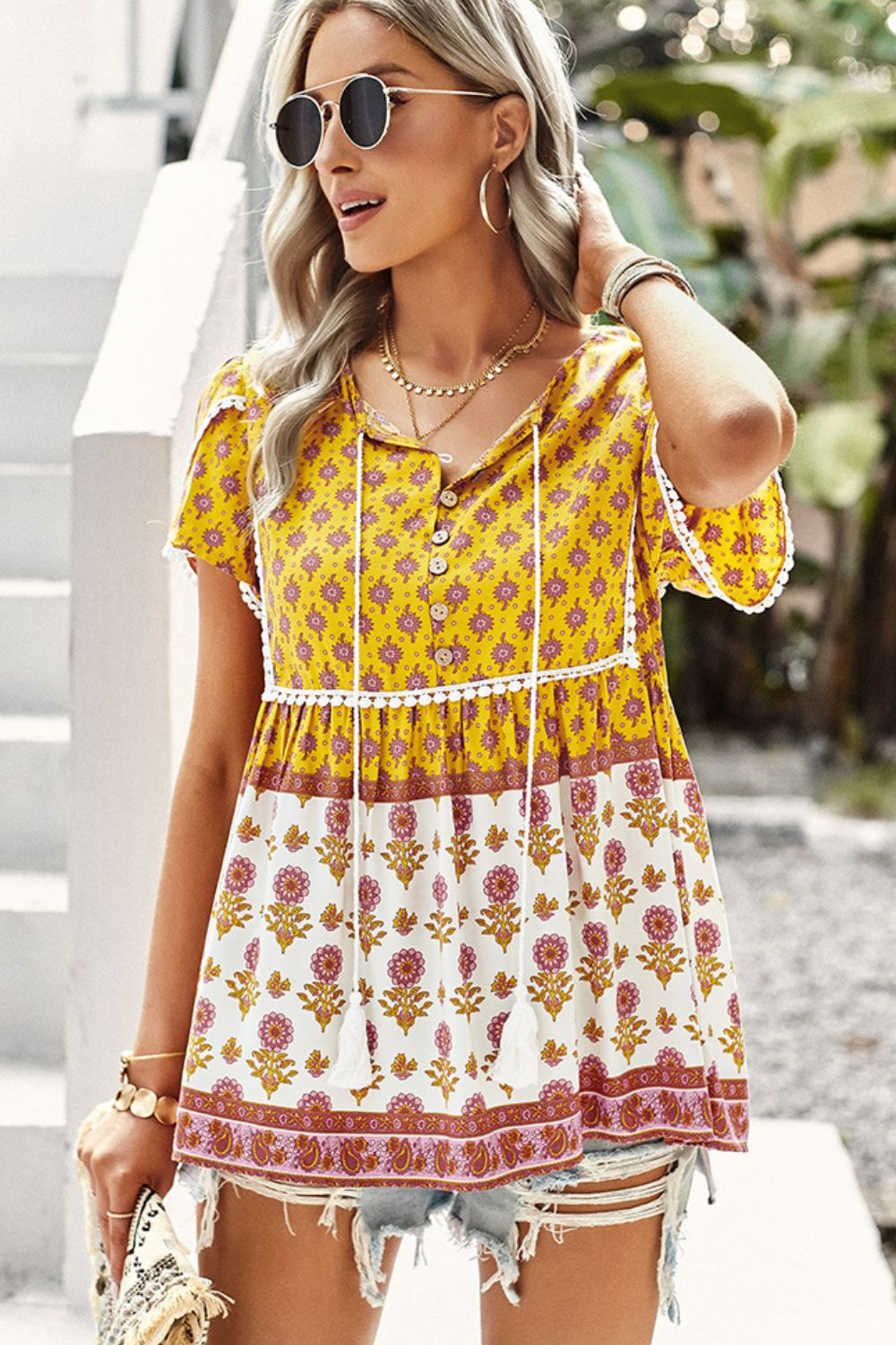 Bohemian Tie Neck Buttoned Blouse [Spirit and Rebel] Mustard S 