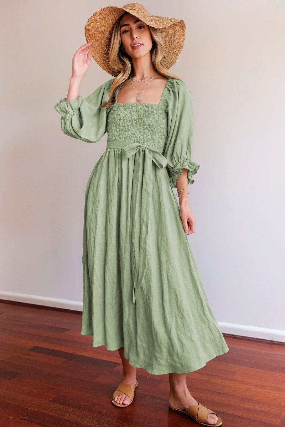 Smocked Square Neck Flounce Sleeve Dress [Spirit and Rebel] Light Green S 