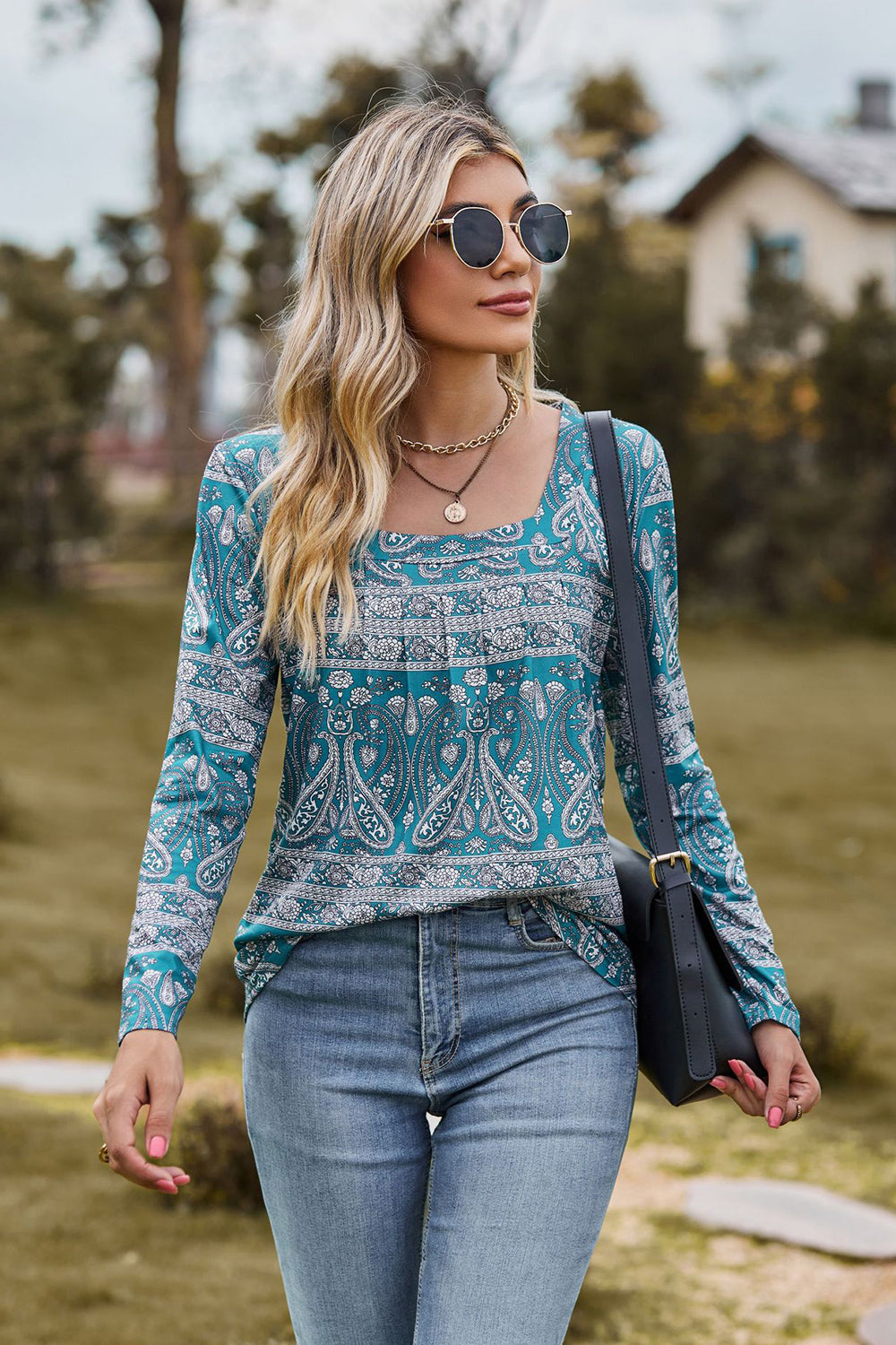 Printed Square Neck Long Sleeve Blouse [Spirit and Rebel]   