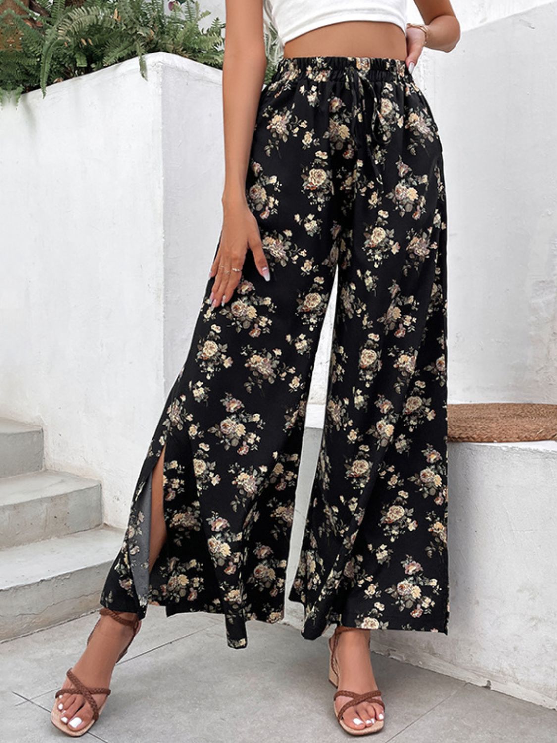 Spirit and Rebel Boho Floral Side Slit Wide Leg Pants [Spirit and Rebel] Black S 