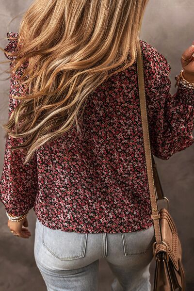 Ruffled Floral Waffle-Knit Blouse [Spirit and Rebel]   