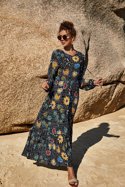 Printed Tie Neck Long Sleeve Dress [Spirit and Rebel]   