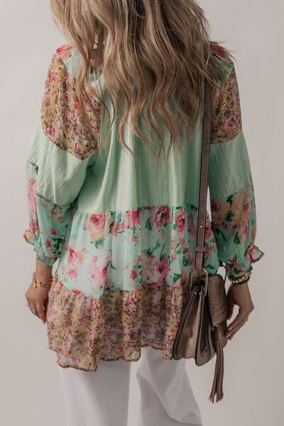 Boho Chic  Floral Frill Trim Buttoned Notched Tiered Blouse [Spirit and Rebel]   