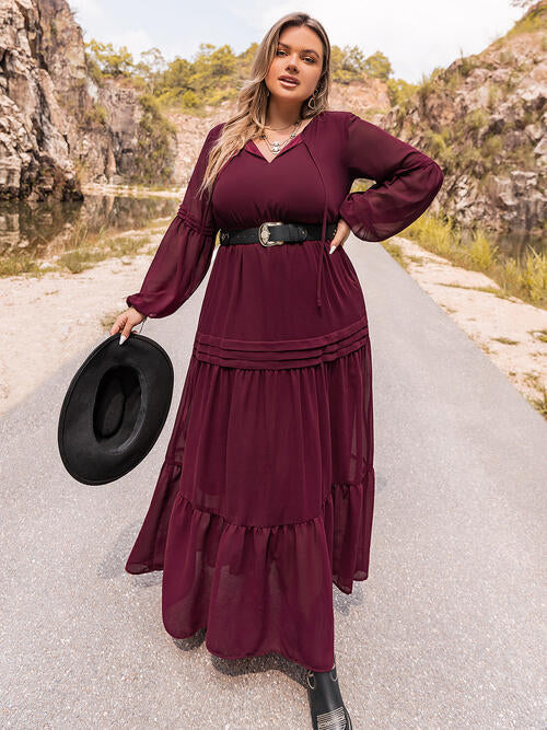 Plus Size Tie Neck Ballon Sleeve Tiered Dress [Spirit and Rebel] Wine 0XL 