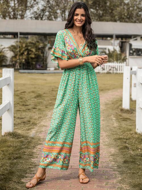 Boho Chic  Floral Surplice Flutter Sleeve Jumpsuit [Spirit and Rebel] Gum Leaf S 