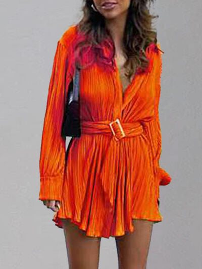 Button Up Dropped Shoulder Shirt Dress [Spirit and Rebel] Red Orange S 