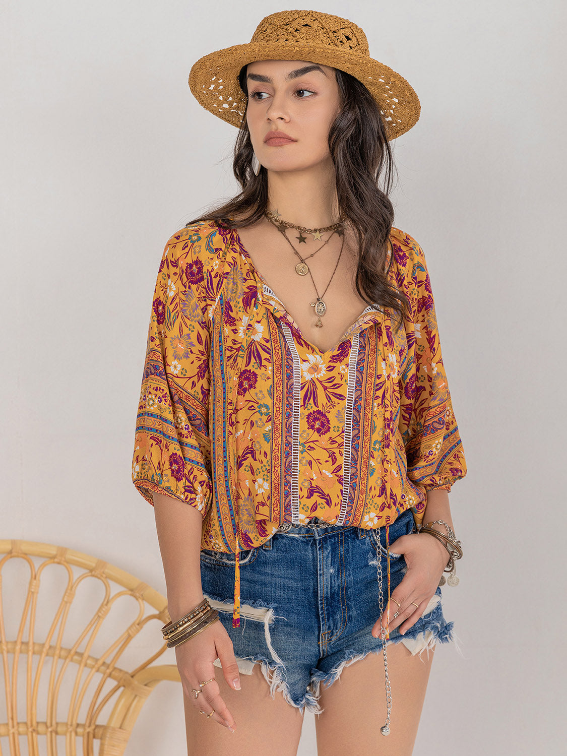 Printed Tie Neck Blouse [Spirit and Rebel]   