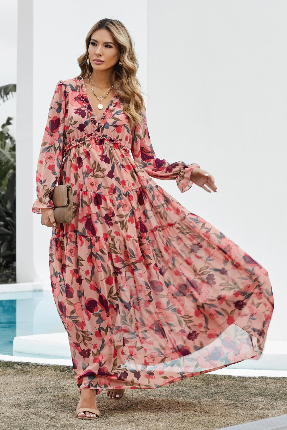 Floral Frill Trim Flounce Sleeve Plunge Boho Maxi Dress [Spirit and Rebel]   