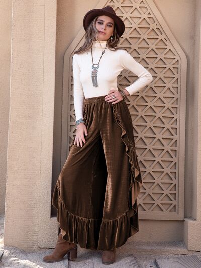 Boho Chic  Ruffle Trim Wide Leg Slit Pants [Spirit and Rebel]   