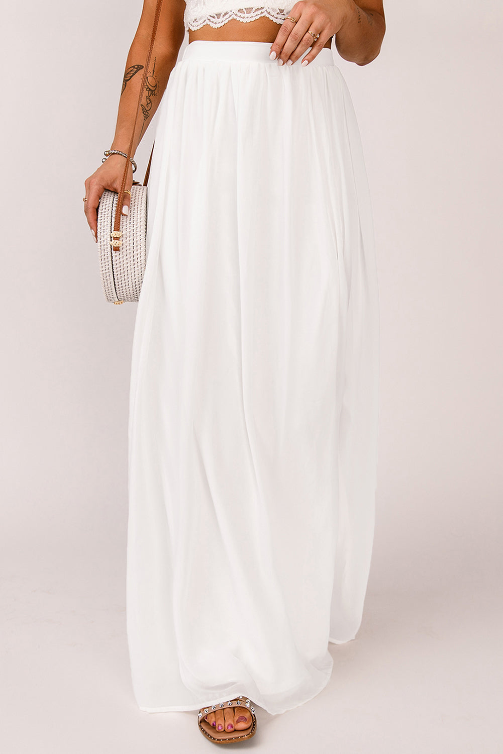 Elastic Waistband Split Boho White Maxi Skirt [Spirit and Rebel]   