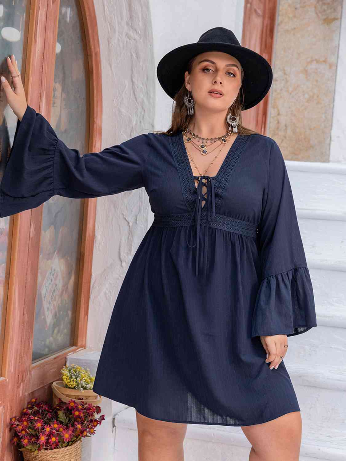 Plus Size Tie Front V-Neck Flare Sleeve Dress [Spirit and Rebel]   