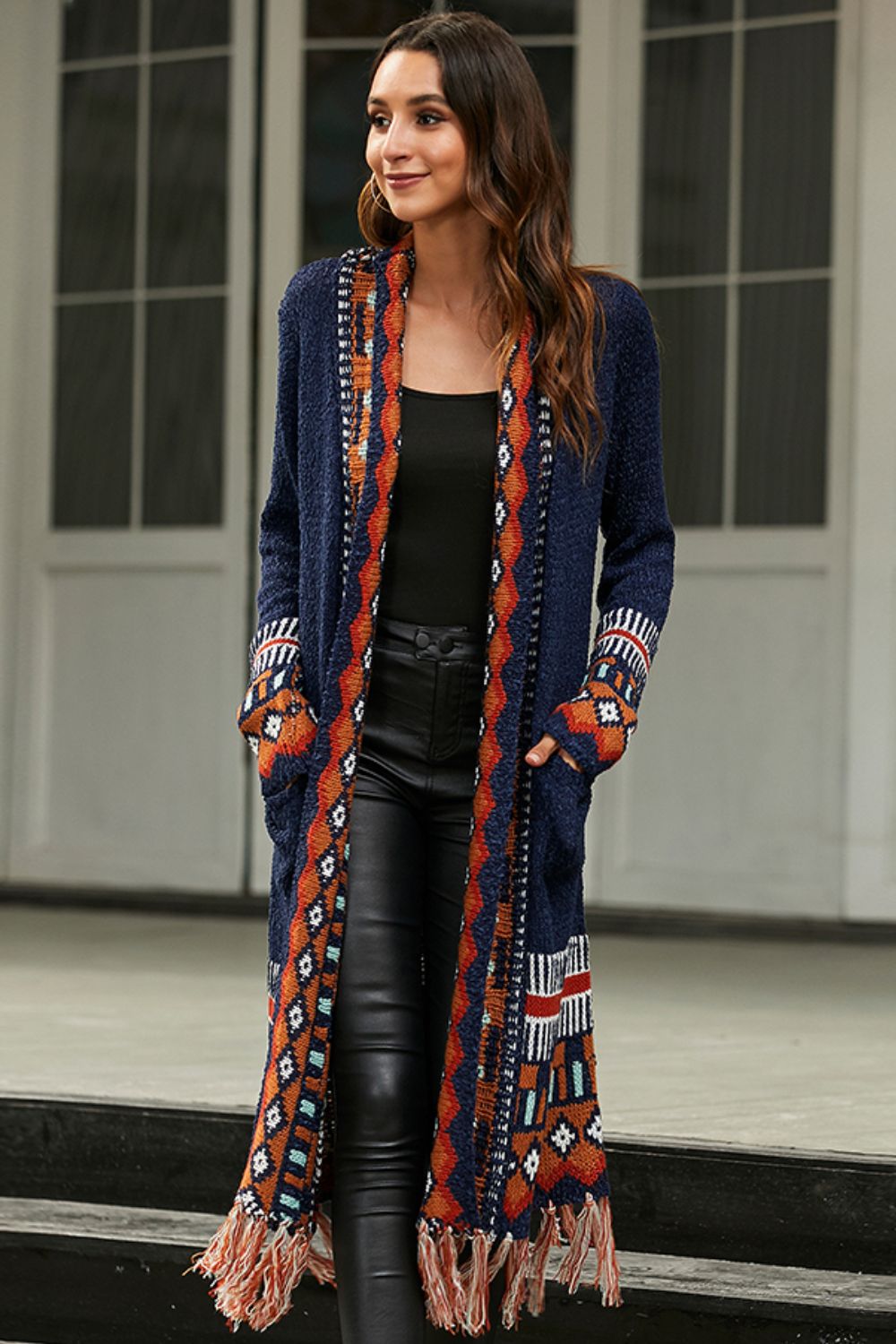 Bohemian Tassel Hem Open Front Duster Boho Cardigan [Spirit and Rebel] Navy M 