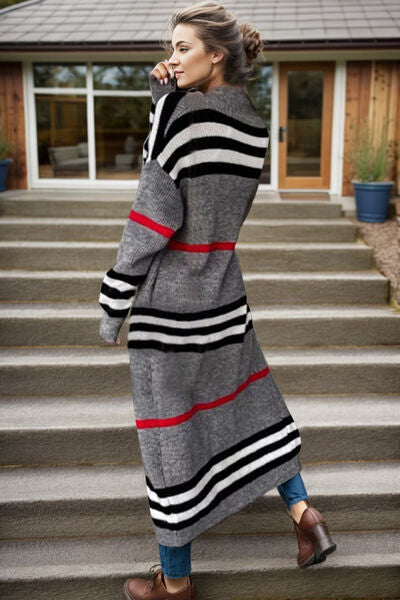 Striped Open Front Long Sleeve Longline Sweater Cardigan [Spirit and Rebel]   