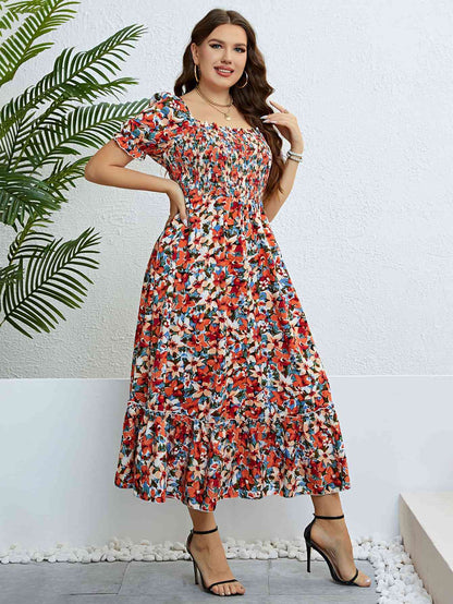 Plus Size Floral Smocked Square Neck Boho Dress [Spirit and Rebel]   