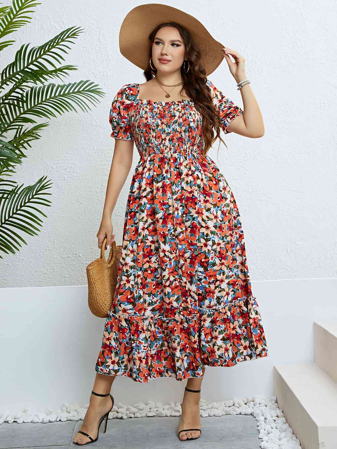 Plus Size Floral Smocked Square Neck Boho Dress [Spirit and Rebel]   