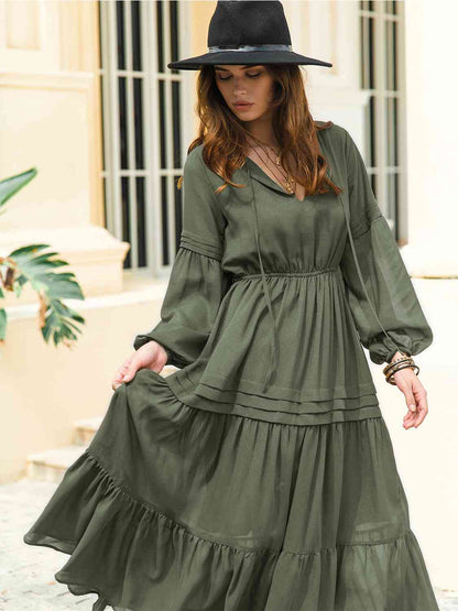 Tie Neck Long Sleeve Midi Tiered Dress [Spirit and Rebel] Army Green S 