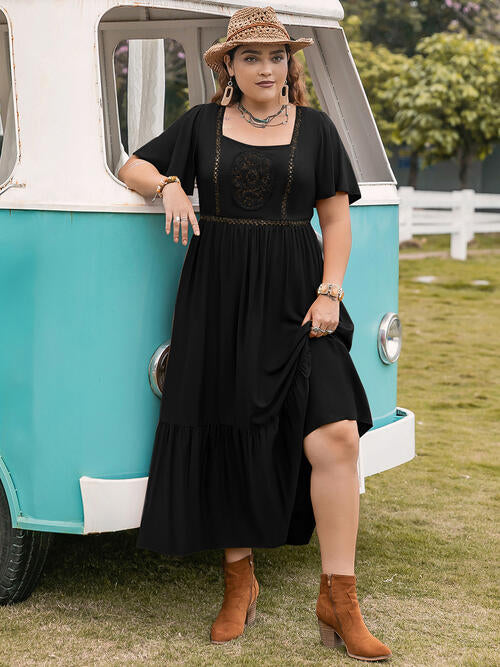 Boho Chic  Plus Size Square Neck Short Sleeve Ruffle Hem Dress [Spirit and Rebel] Black 0XL 