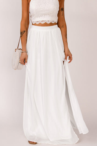 Elastic Waistband Split Boho White Maxi Skirt [Spirit and Rebel]   