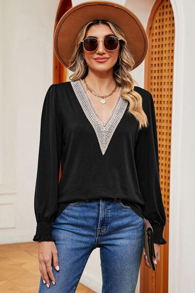 Lace Detail V-Neck Lantern Sleeve Bohemian T-Shirt [Spirit and Rebel] Black S 