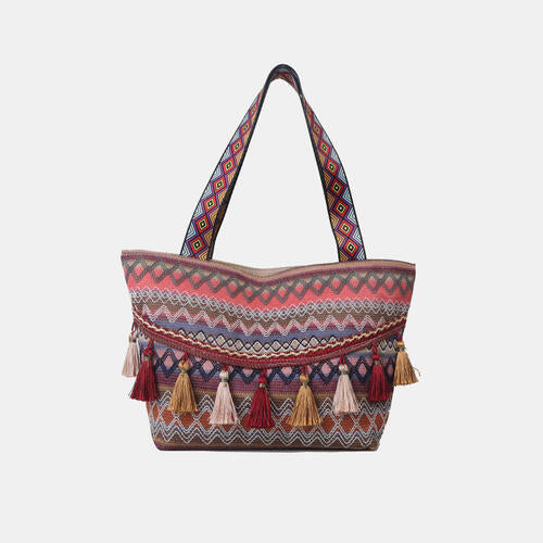 Boho Chic  Printed Tassel Detail Tote Bag [Spirit and Rebel] Coral One Size 