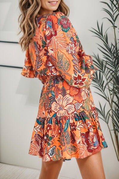 Boho Tropical Print Tie Waist Lantern Sleeve Mini Dress [Spirit and Rebel]   