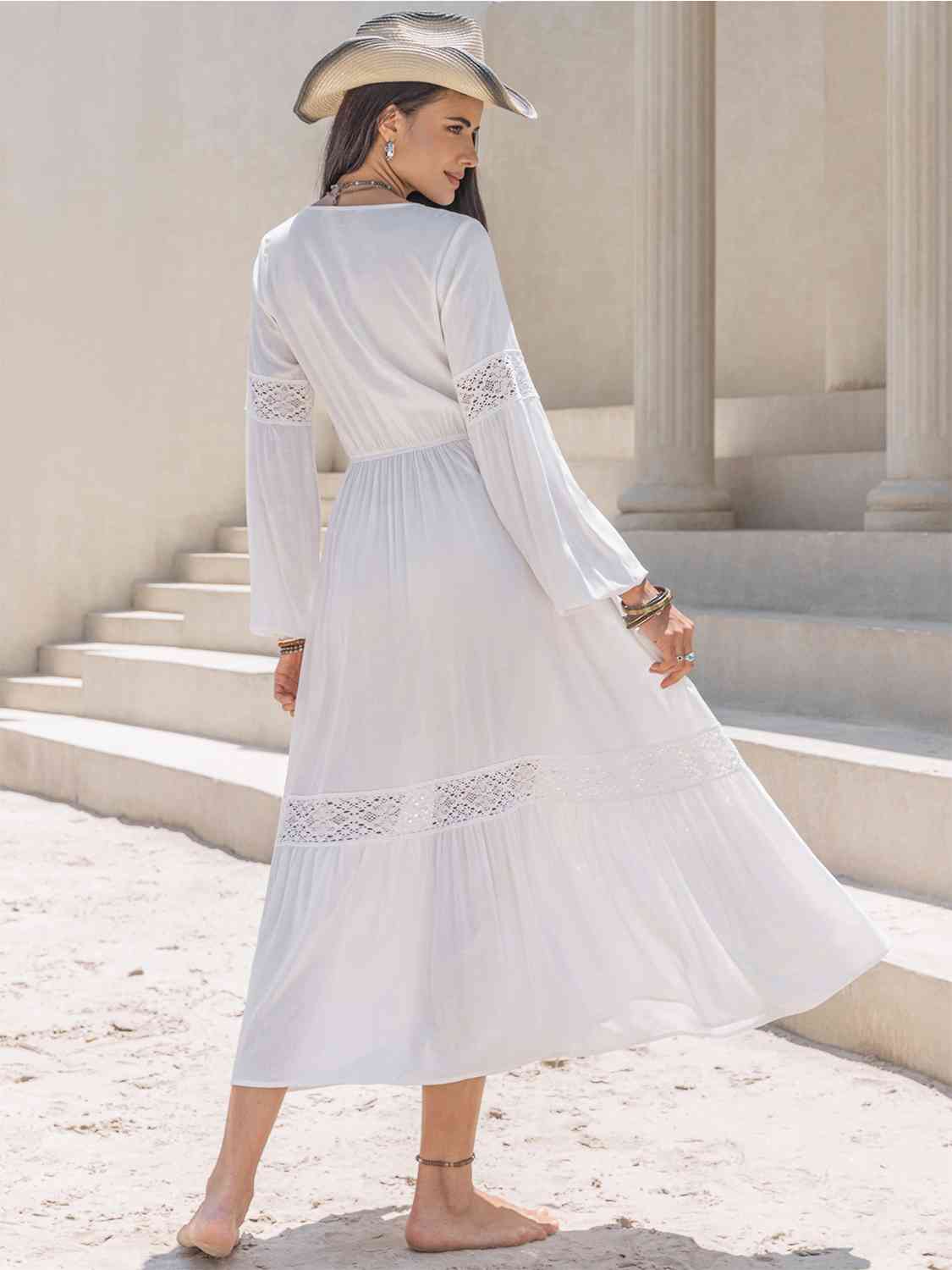 Tie Neck Long Sleeve Midi Tiered Dress [Spirit and Rebel]   