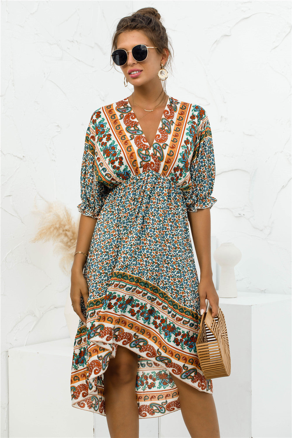 Printed Bohemian V Neck Dress [Spirit and Rebel]   