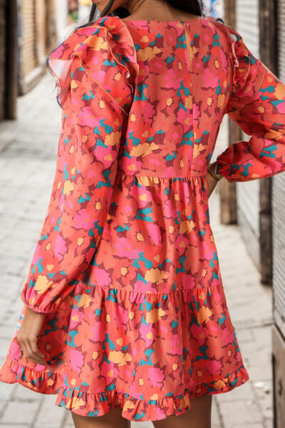 Printed Ruffle Trim Balloon Sleeve Tiered Dress [Spirit and Rebel]   