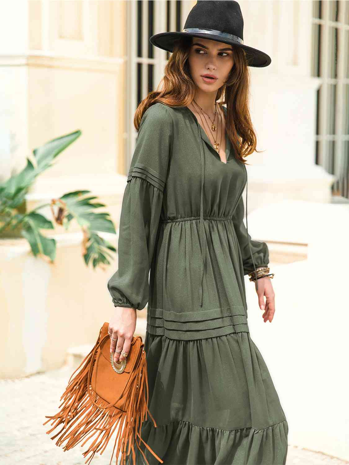 Tie Neck Long Sleeve Midi Tiered Dress [Spirit and Rebel]   