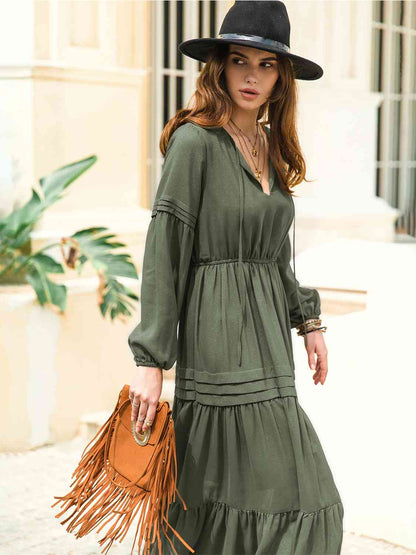 Tie Neck Long Sleeve Midi Tiered Dress [Spirit and Rebel]   