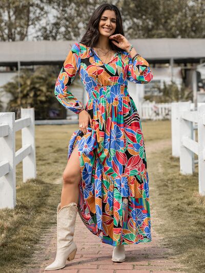 Printed Smocked Tie Neck Balloon Sleeve Maxi Dress [Spirit and Rebel] Multicolor S 