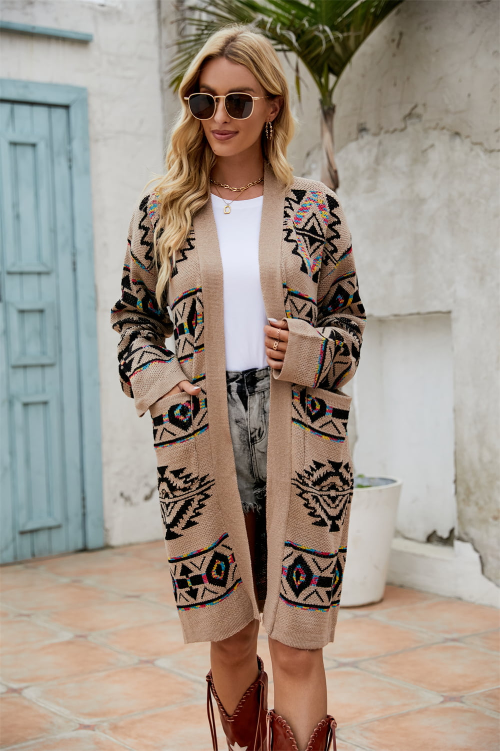 Printed Long Sleeve Cardigan with Pocket [Spirit and Rebel] Camel S 